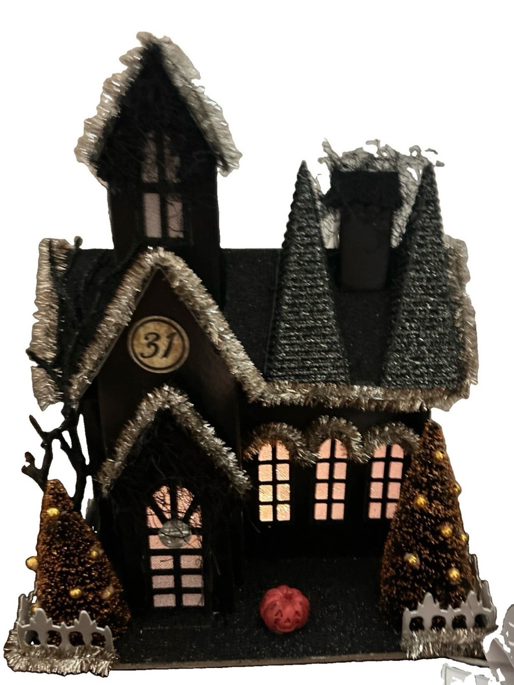 Bella Lux Haunted Halloween House Jack O Lantern Led Light Putz 11" Bottle Brush